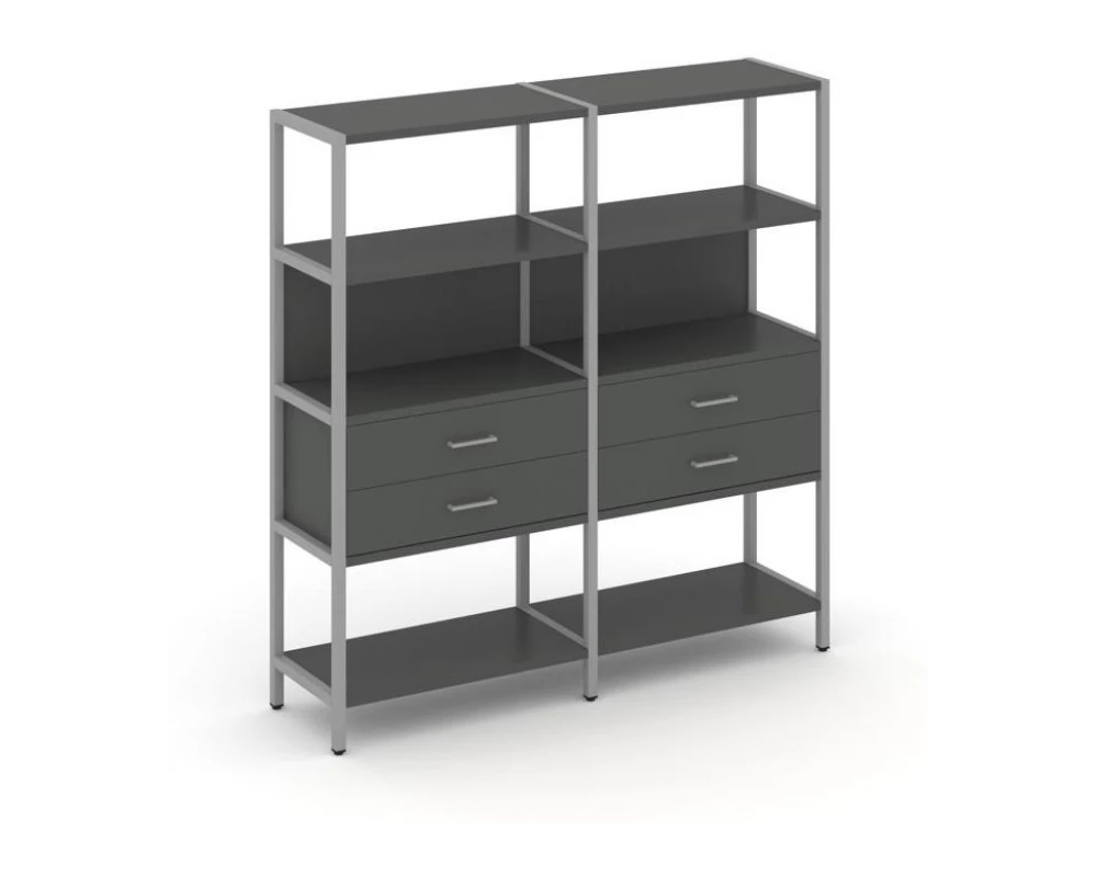 Двухсекционный стеллаж четырехярусный с ящиками 1590х400х1613 Shelf System
