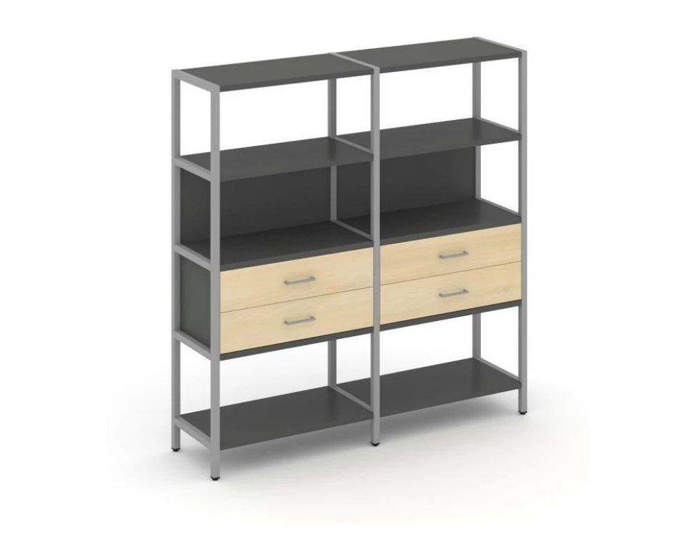 Двухсекционный стеллаж четырехярусный с ящиками 1590х400х1613 Shelf System