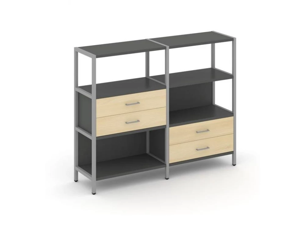 Двухсекционный стеллаж трехярусный с ящиками на двух ярусах 1590х400х1246 Shelf System