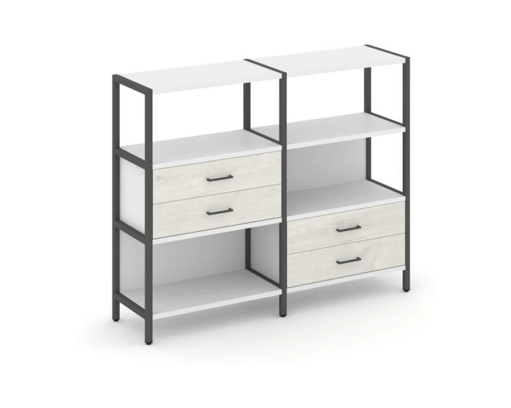 Двухсекционный стеллаж трехярусный с ящиками на двух ярусах 1590х400х1246 Shelf System