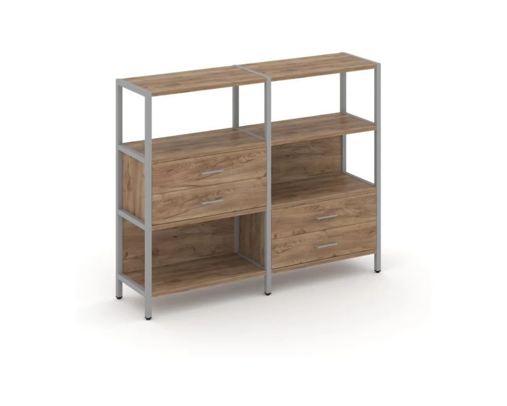 Двухсекционный стеллаж трехярусный с ящиками на двух ярусах 1590х400х1246 Shelf System