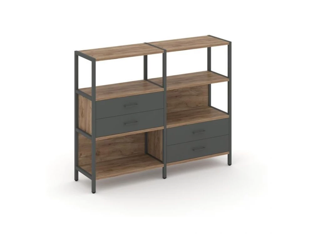 Двухсекционный стеллаж трехярусный с ящиками на двух ярусах 1590х400х1246 Shelf System