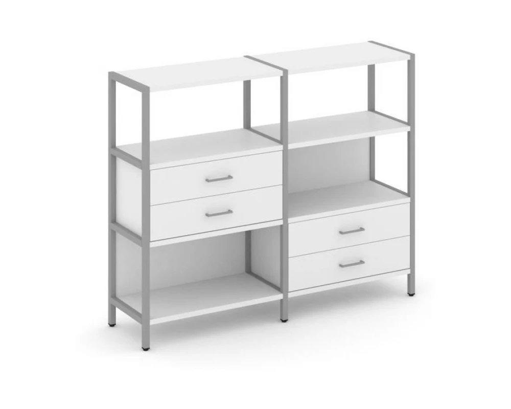 Двухсекционный стеллаж трехярусный с ящиками на двух ярусах 1590х400х1246 Shelf System