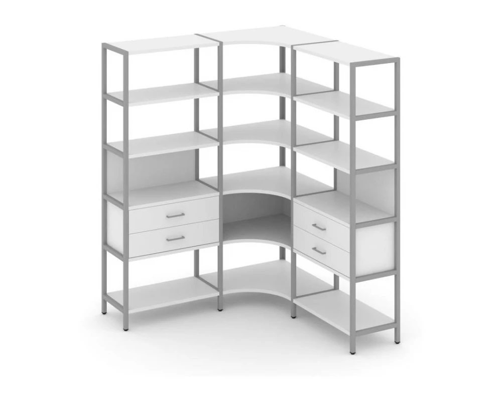 Трехсекционный угловой стеллаж пятиярусный с ящиками 1590х1590х1980 Shelf System