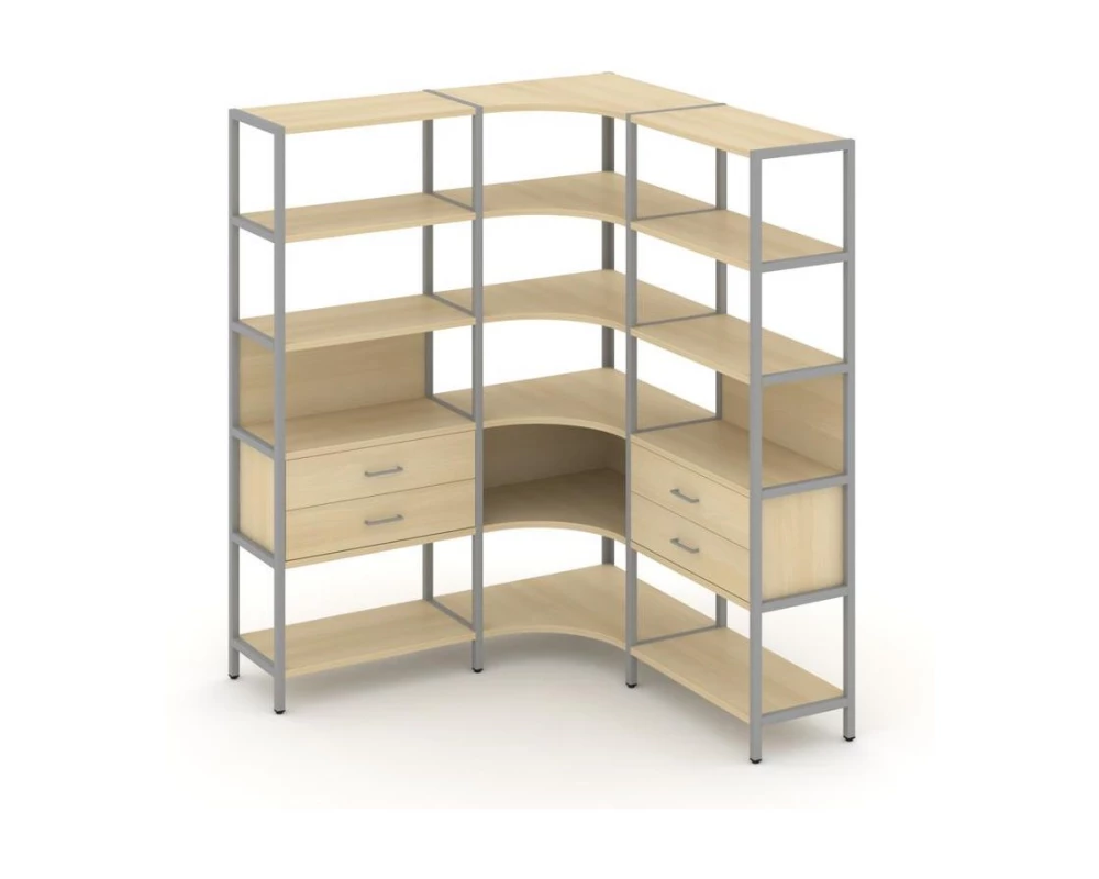 Трехсекционный угловой стеллаж пятиярусный с ящиками 1590х1590х1980 Shelf System
