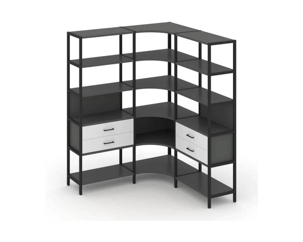 Трехсекционный угловой стеллаж пятиярусный с ящиками 1590х1590х1980 Shelf System