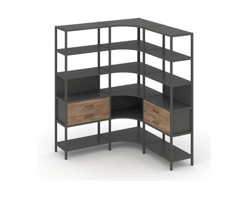Трехсекционный угловой стеллаж пятиярусный с ящиками 1590х1590х1980 Shelf System