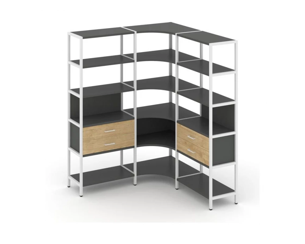Трехсекционный угловой стеллаж пятиярусный с ящиками 1590х1590х1980 Shelf System