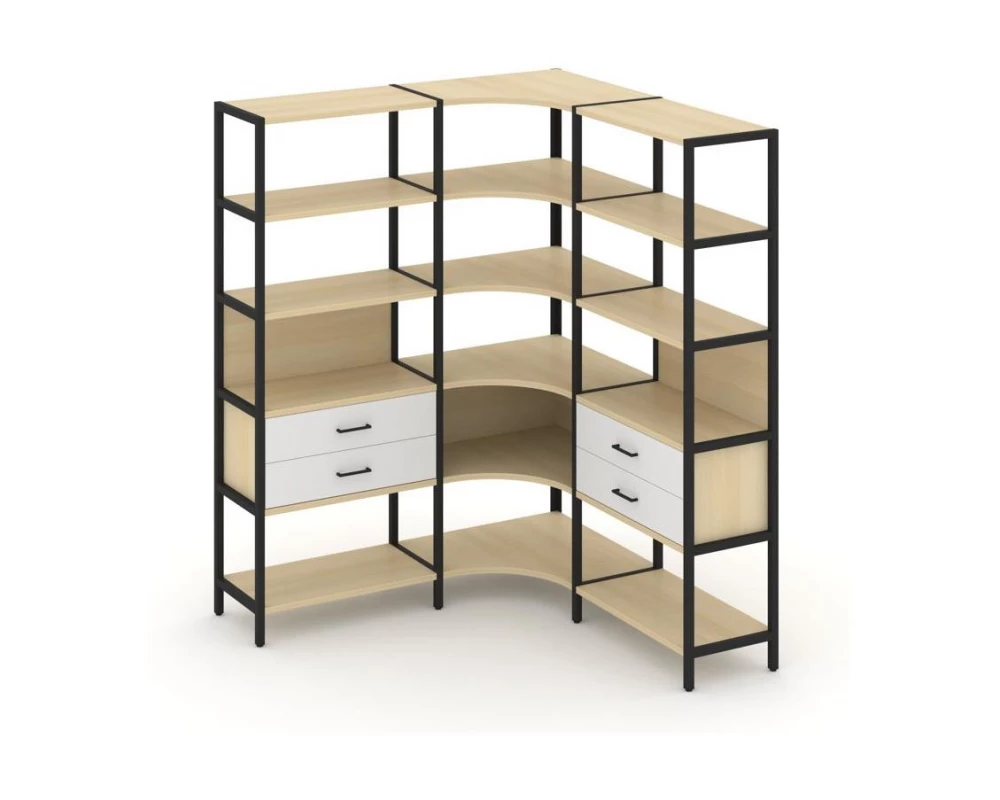 Трехсекционный угловой стеллаж пятиярусный с ящиками 1590х1590х1980 Shelf System