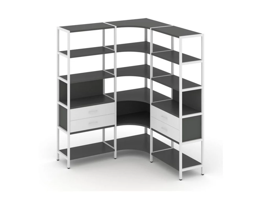 Трехсекционный угловой стеллаж пятиярусный с ящиками 1590х1590х1980 Shelf System