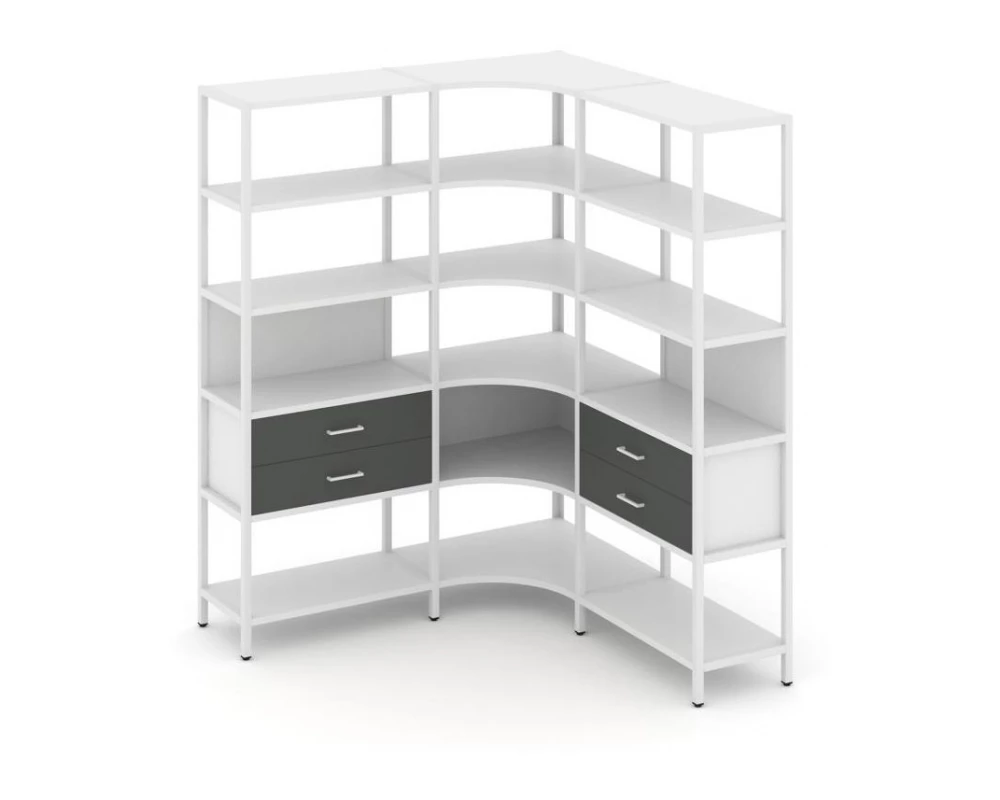 Трехсекционный угловой стеллаж пятиярусный с ящиками 1590х1590х1980 Shelf System