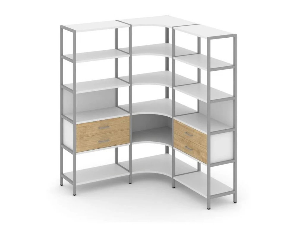 Трехсекционный угловой стеллаж пятиярусный с ящиками 1590х1590х1980 Shelf System
