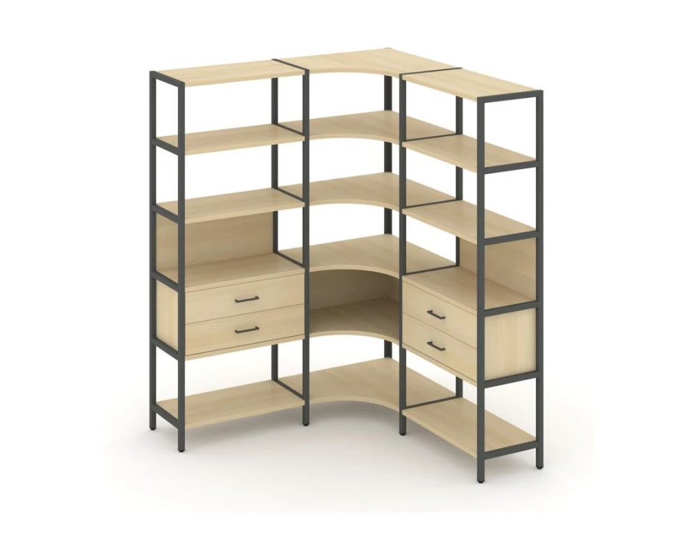 Трехсекционный угловой стеллаж пятиярусный с ящиками 1590х1590х1980 Shelf System