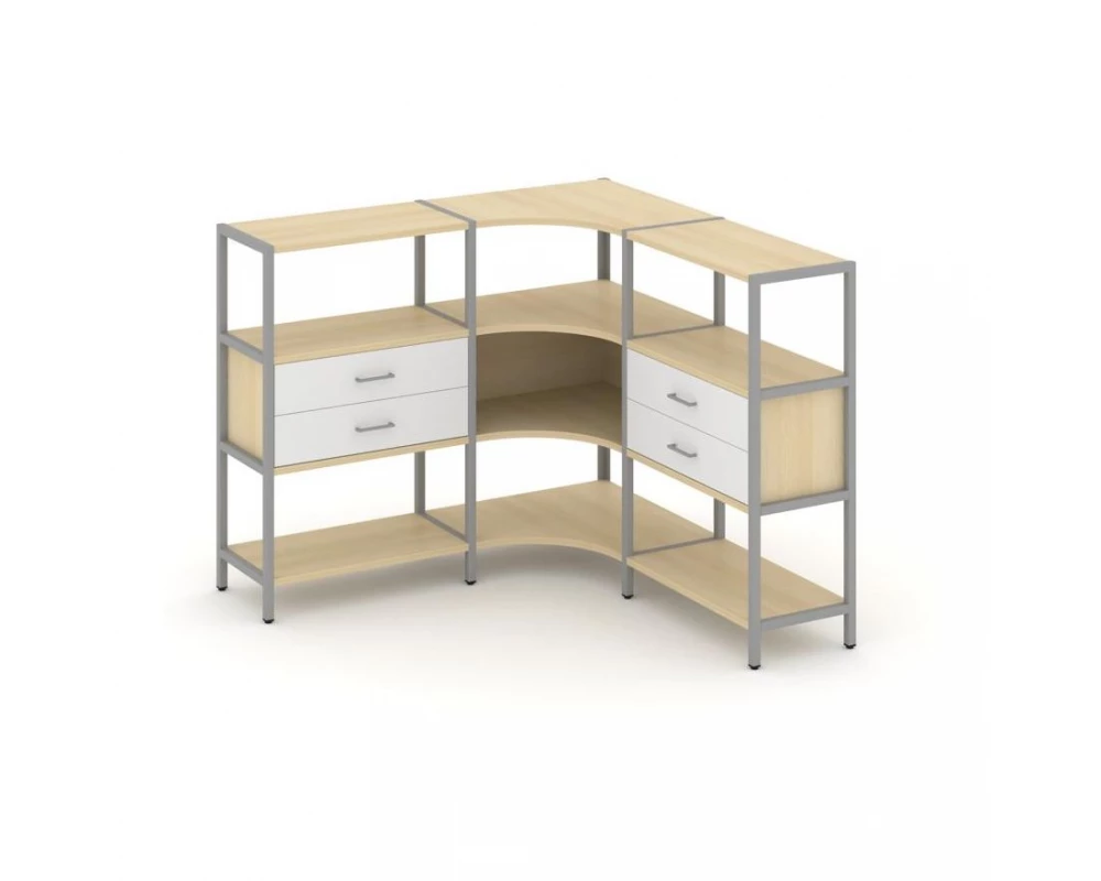 Трехсекционный угловой стеллаж трехярусный с ящиками 1590х1590х1246 Shelf System
