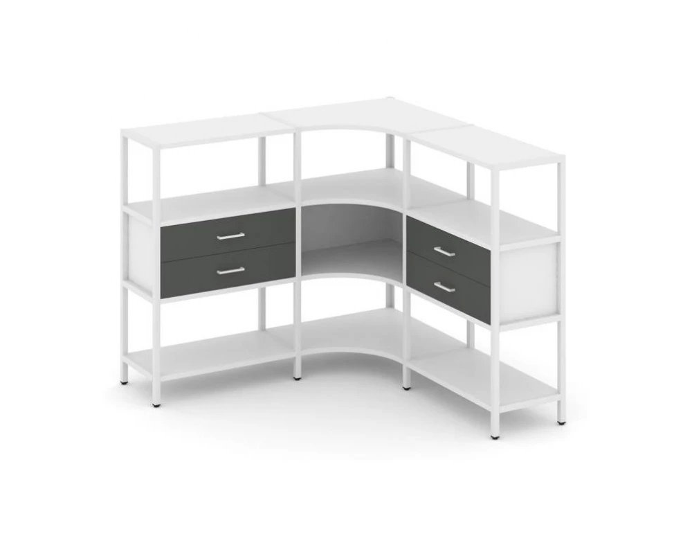 Трехсекционный угловой стеллаж трехярусный с ящиками 1590х1590х1246 Shelf System