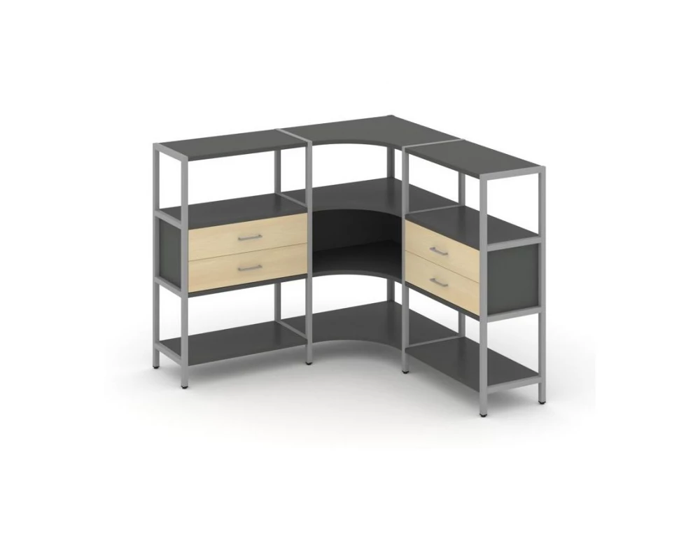 Трехсекционный угловой стеллаж трехярусный с ящиками 1590х1590х1246 Shelf System