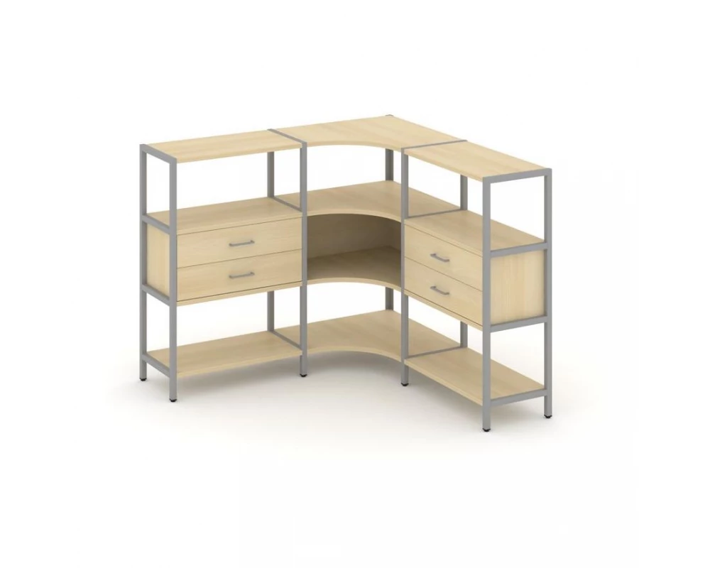 Трехсекционный угловой стеллаж трехярусный с ящиками 1590х1590х1246 Shelf System
