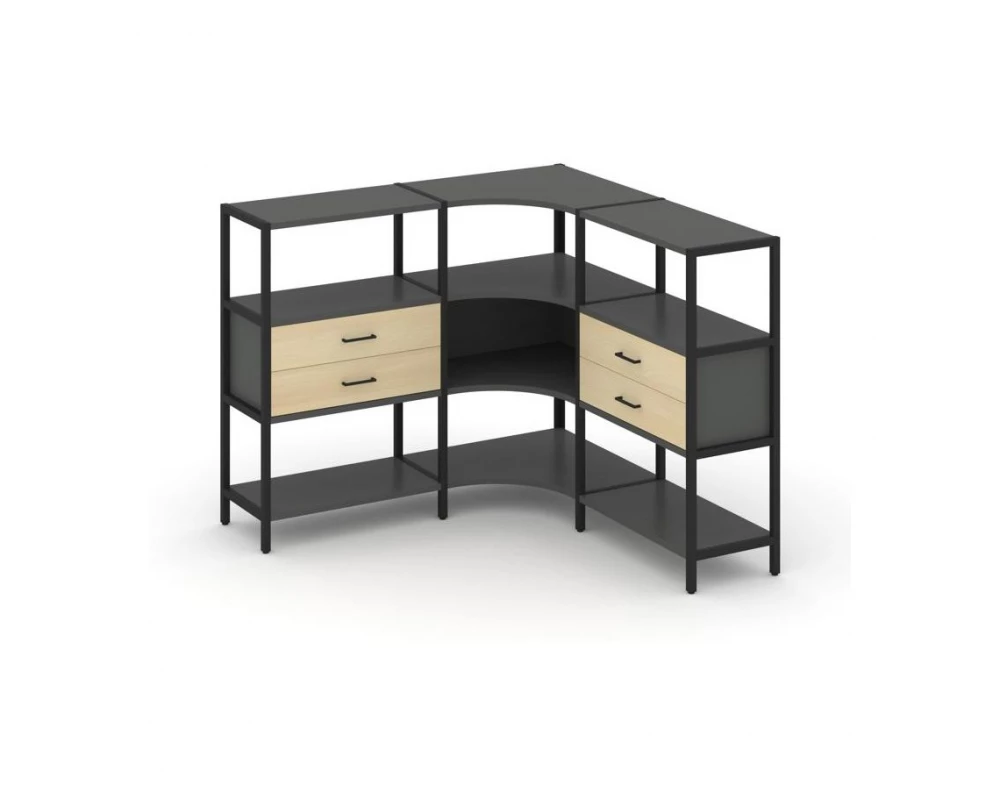 Трехсекционный угловой стеллаж трехярусный с ящиками 1590х1590х1246 Shelf System