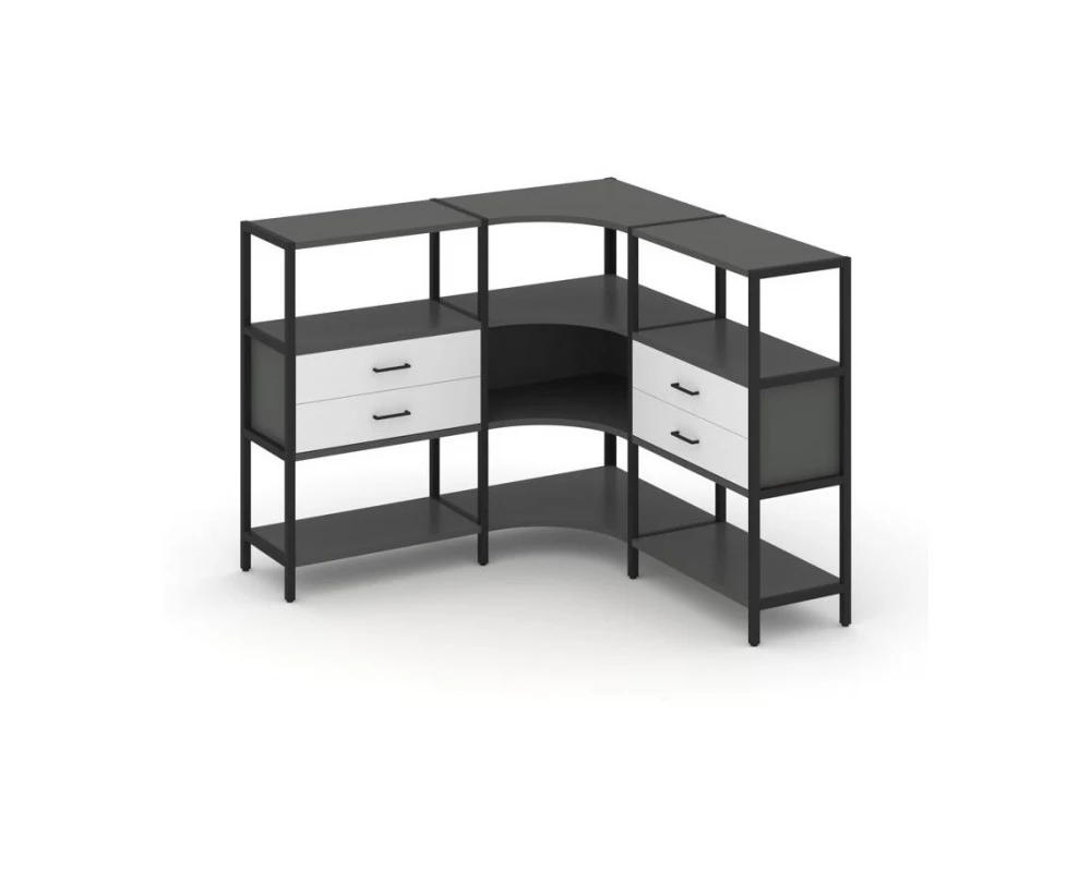 Трехсекционный угловой стеллаж трехярусный с ящиками 1590х1590х1246 Shelf System